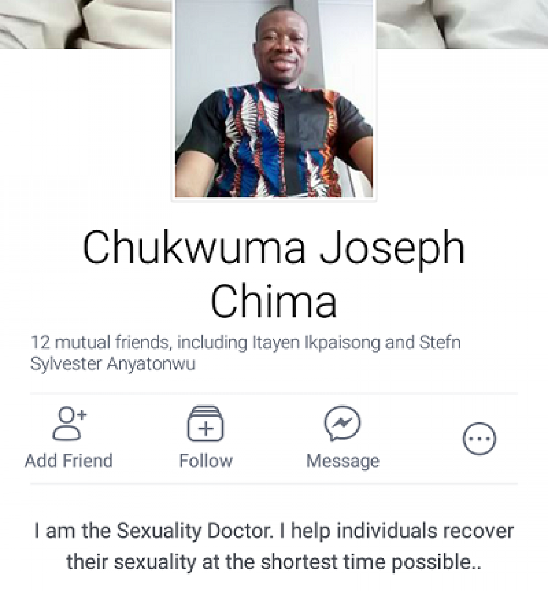“Homosexuality is a form of identity crisis.” Self-proclaimed sexuality doctor, Chukwuma Joseph Chima, has all the answers