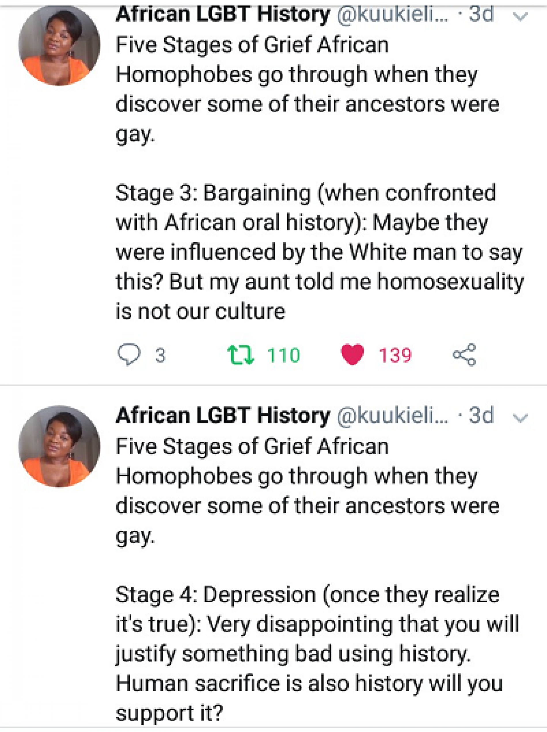 Tweet: Stages of Grief for the African Homophobe